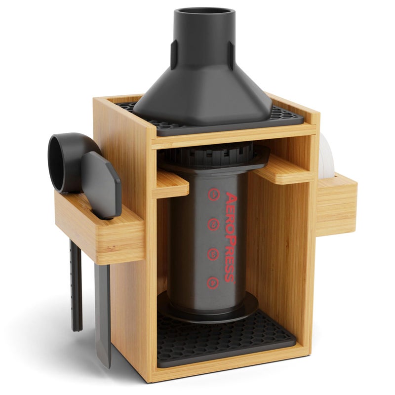 HEXNUB â€“ Compact AeroPress Organizer Stand, Bamboo Coffee Caddy for AeroPress Coffee Maker, Accessories, Filters, Cups, Includes Mats - Black - Image 1